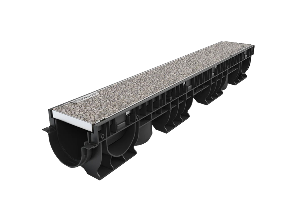 Rigolă pluvială Base DN100 H135 cu grătar din polimerbeton (Gray) cu cadru din INOX, clasa de sarcini A15 (1000x156x135)