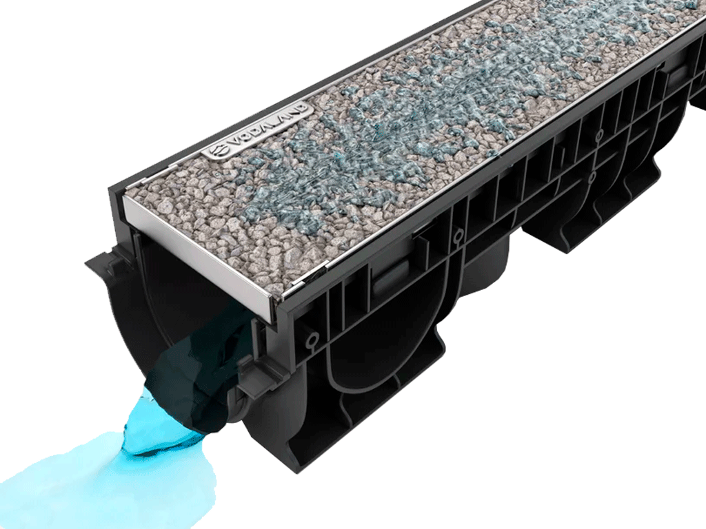 Rigolă pluvială Base DN100 H135 cu grătar din polimerbeton (Gray) cu cadru din INOX, clasa de sarcini A15 (1000x156x135)