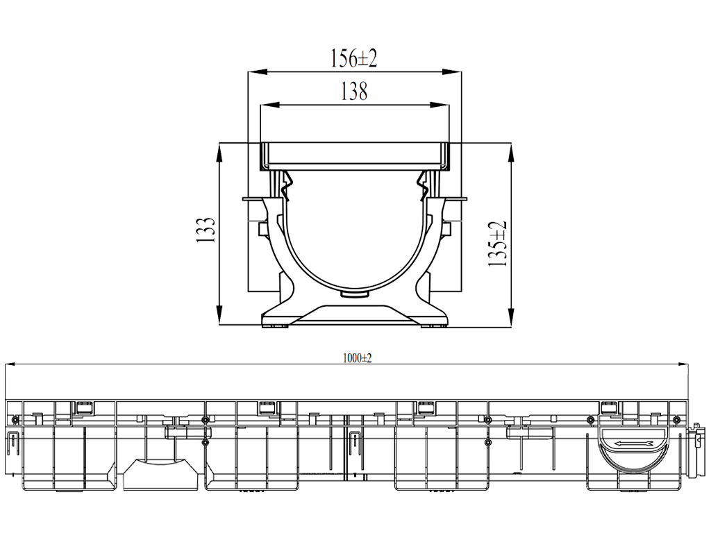 Rigolă pluvială Base DN100 H135 cu grătar din polimerbeton (Gray) cu cadru din INOX, clasa de sarcini A15 (1000x156x135)