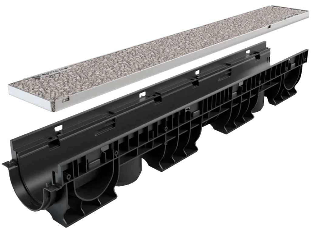 Rigolă pluvială Base DN100 H135 cu grătar din polimerbeton (Gray) cu cadru din INOX, clasa de sarcini A15 (1000x156x135)