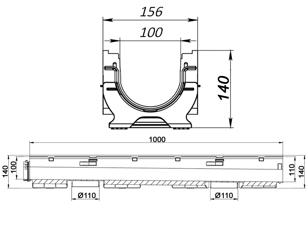 Дренажный водоотводный лоток BASE DN100 с внутренним уклоном H140мм (H100-H110мм) №7