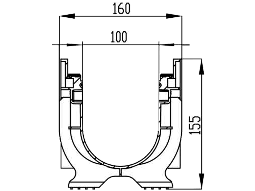 Rigola pluviala PolyMax Basic DN100 H155, modernizată (1000x156x155), cu iesire veticala D110mm, clasa de sarcini C250