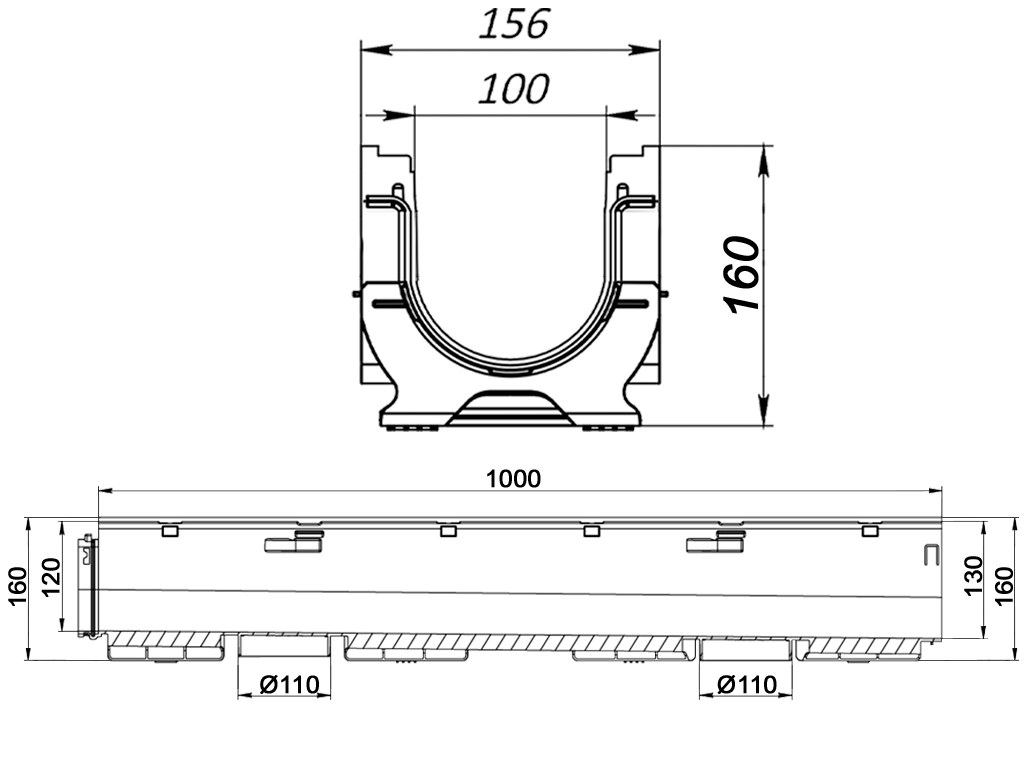Дренажный водоотводный лоток BASE DN100 с внутренним уклоном H160мм (H120-H130мм) №9