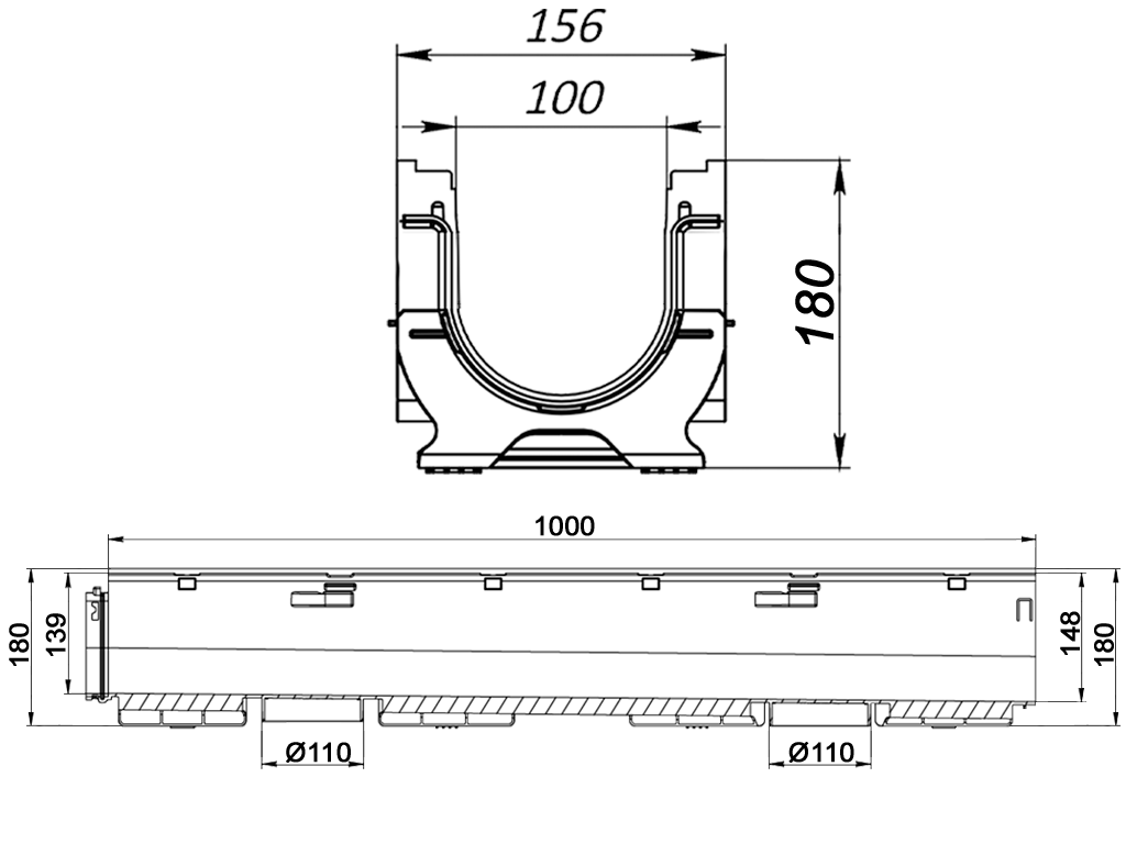 Дренажный водоотводный лоток BASE DN100 с внутренним уклоном H180мм (H139-H148мм) №11