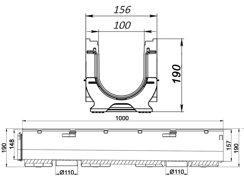 Дренажный водоотводный лоток BASE DN100 с внутренним уклоном H190мм (H148-H157мм) №12