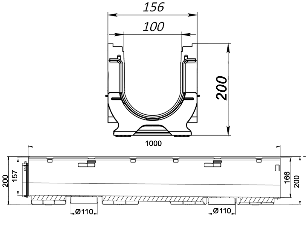 Дренажный водоотводный лоток BASE DN100 с внутренним уклоном H200мм (H157-H166мм) №13
