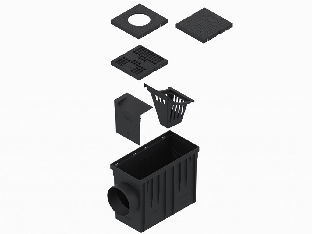 Бокс водосточный серый, пластиковый, 314x140x221мм, Dвход=75/90/110mm, с горизонтальным выходом D110мм