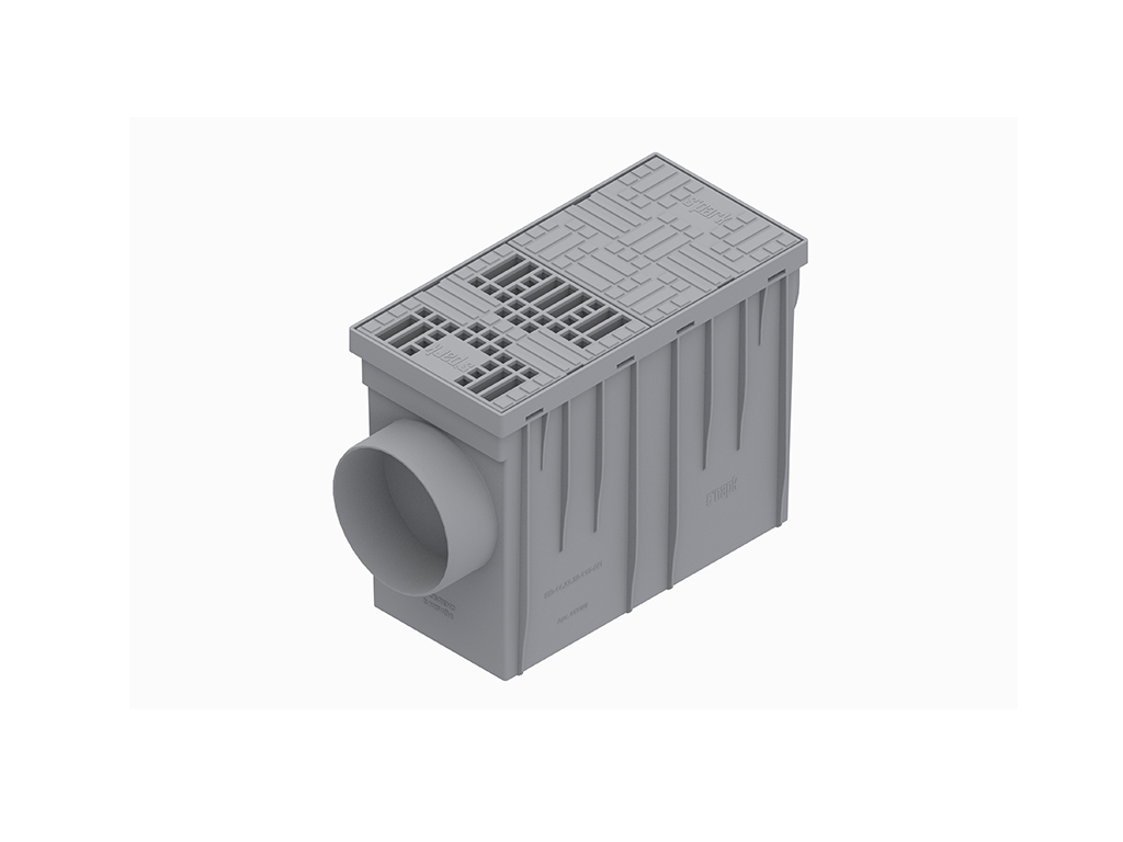 Бокс водосточный серый, пластиковый, 314x140x221мм, Dвход=75/90/110mm, с горизонтальным выходом D110мм