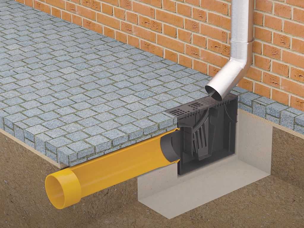 Бокс водосточный серый, пластиковый, 314x140x221мм, Dвход=75/90/110mm, с горизонтальным выходом D110мм