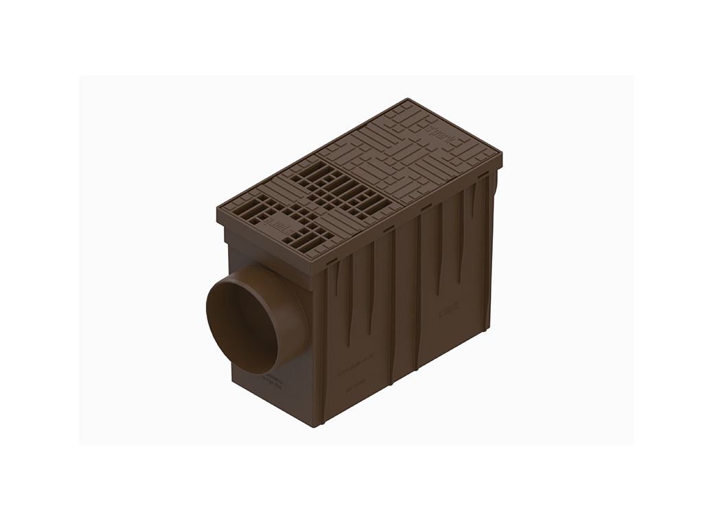 Бокс водосточный коричневый, пластиковый, 314x140x221мм, Dвход=75/90/110mm, с горизонтальным выходом D110мм
