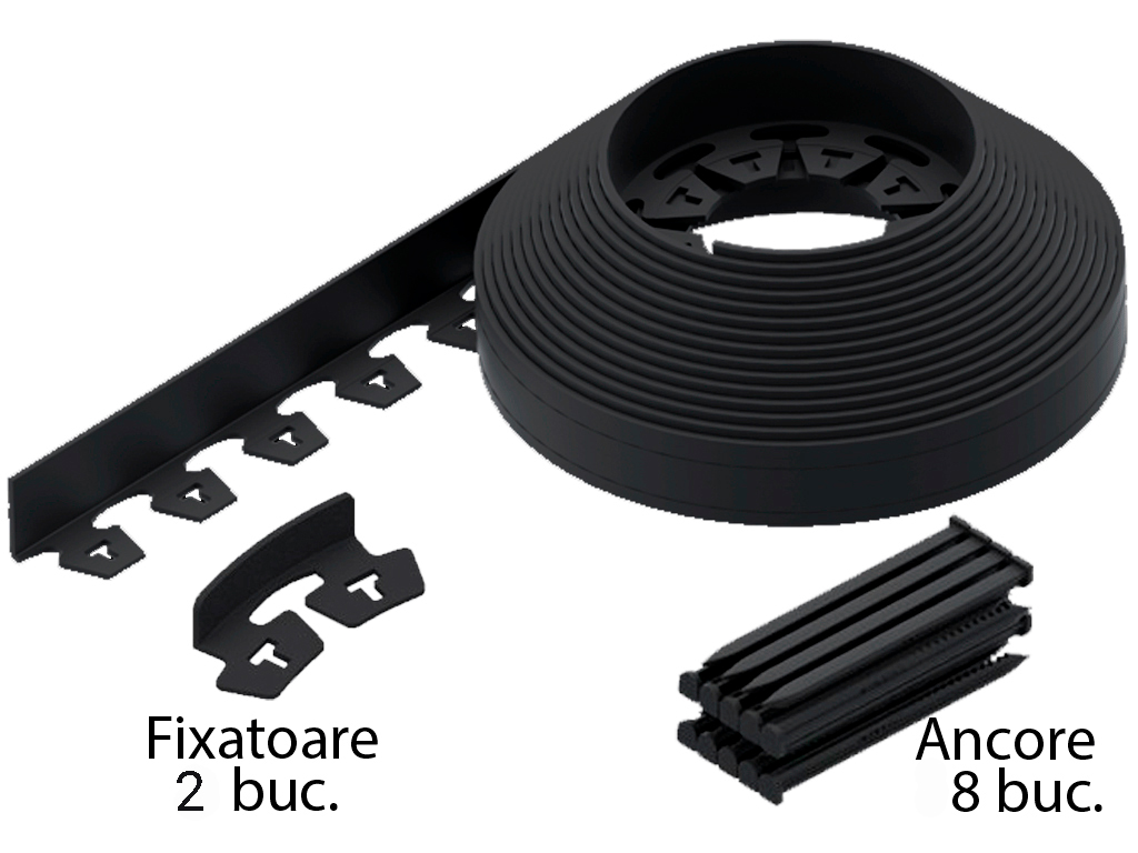 Bordură din plastic New Fix Light negru, lungimea 6 metri, în set cu ancore 8 buc și fixator 2 buc