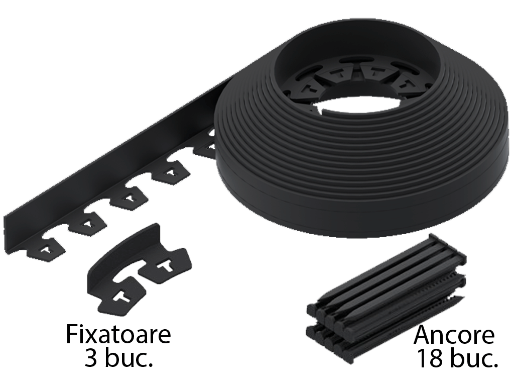 Bordura din plastic New Fix Light negru in set cu ancora 18 buc si fixator 3 buc