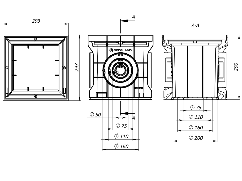 Дождеприемник квадратный Base 300x300 (293x293xH290мм) с подключениями к трубе D=50/75/110/160мм, класс нагрузки С250 по EN1433