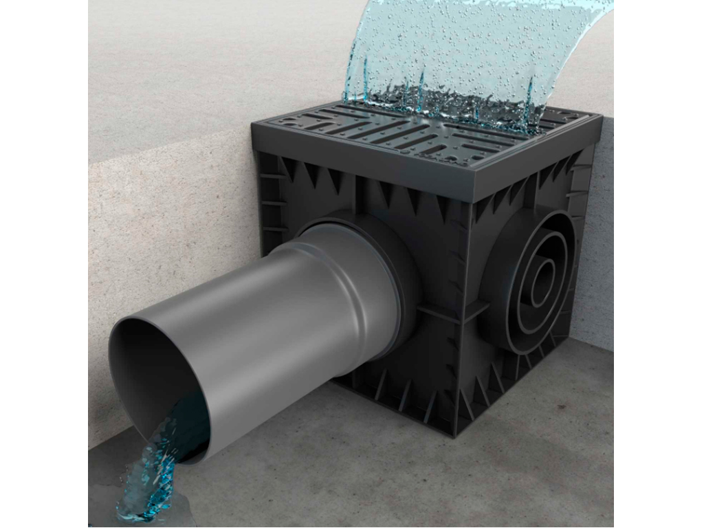 Дождеприемник квадратный Base 300x300 (293x293xH290мм) с подключениями к трубе D=50/75/110/160мм, класс нагрузки С250 по EN1433