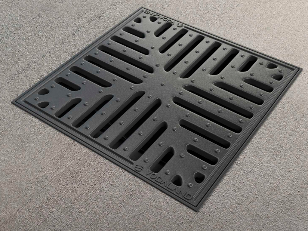 Дождеприемник квадратный Base 300x300 (293x293xH290мм) с подключениями к трубе D=50/75/110/160мм, класс нагрузки С250 по EN1433