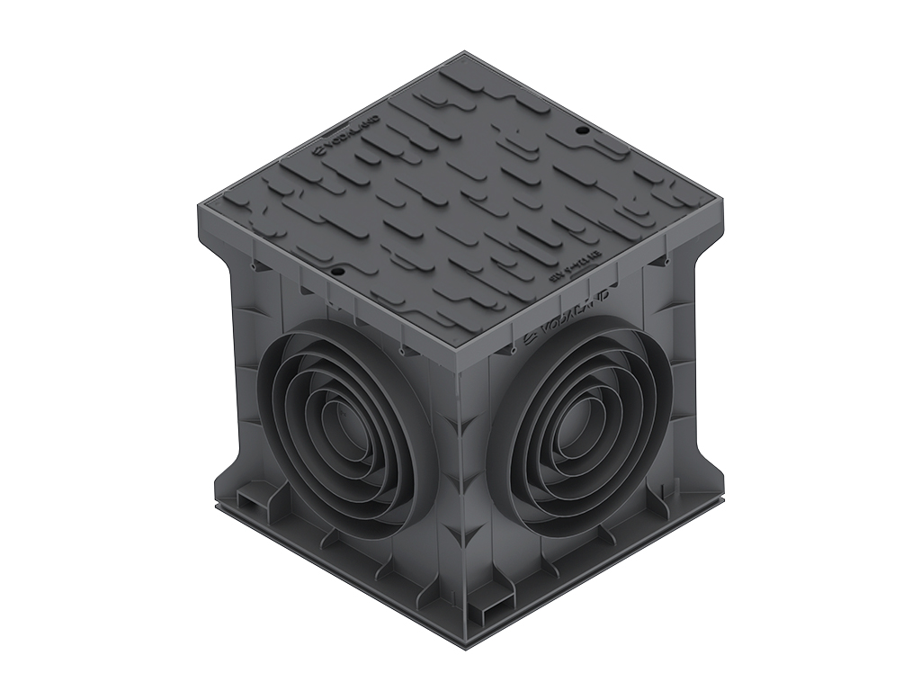 Пластиковый дождеприемник BASE 400X400, черный, с вертикальными и горизонтальными выпусками D75-110-160-200-250 мм, класс нагрузки C250