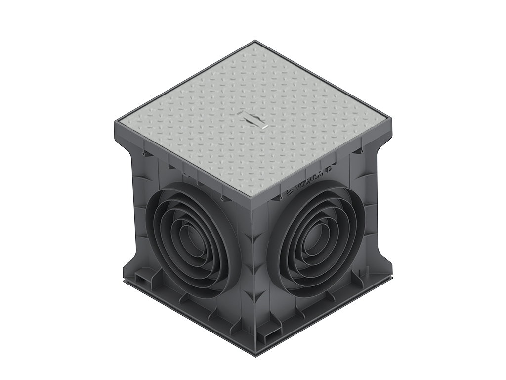 Пластиковый дождеприемник BASE 400X400, черный, с вертикальными и горизонтальными выпусками D75-110-160-200-250 мм, класс нагрузки C250