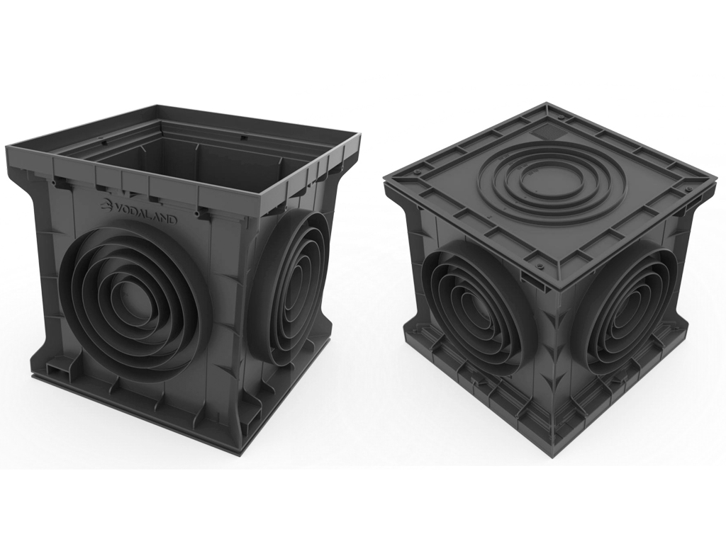 Пластиковый дождеприемник BASE 400X400, черный, с вертикальными и горизонтальными выпусками D75-110-160-200-250 мм, класс нагрузки C250