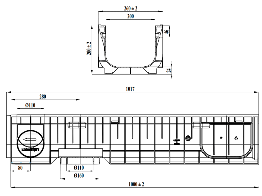 Дренажный водоотводный лоток PolyMax Basic DN200 H200, модернизированный (1000x256x200)