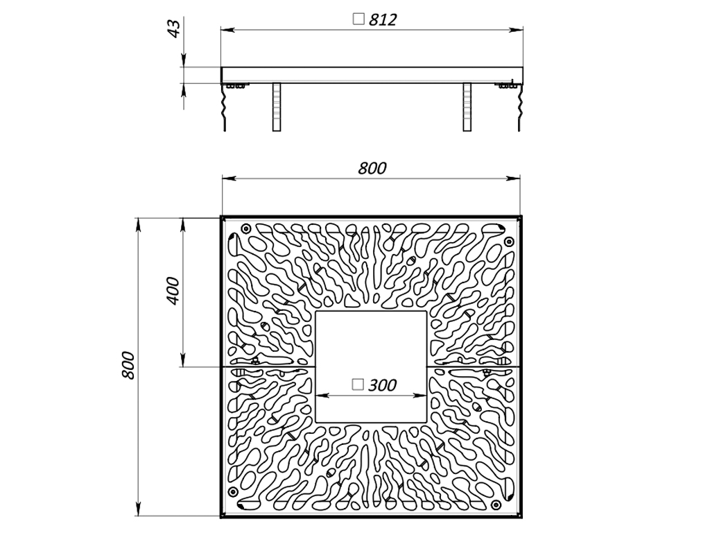 Grătar pentru arbori din oțel vopsit 800x800 mm, cu deschidere pătrată 300x300 mm, culoare neagră