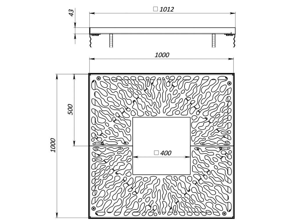 Grătar pentru arbori din oțel vopsit 1000x1000 mm, cu deschidere pătrată 400x400 mm, culoare neagră