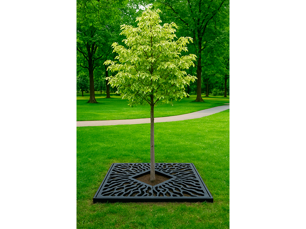 Grătar pentru arbori din oțel vopsit 1400x1400 mm, cu deschidere pătrată 600x600 mm, culoare neagră