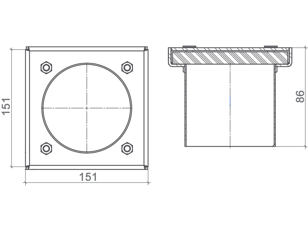 Ревизия из нержавеющей стали 150x150 с вертикальным выходом D110 мм, класс нагрузки L15 согласно EN 1253