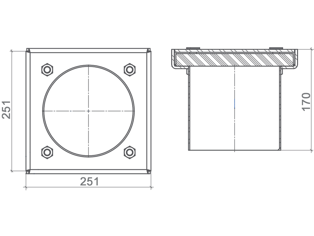 Ревизия из нержавеющей стали 250x250 с вертикальным выходом D200 мм, класс нагрузки L15 согласно EN 1253