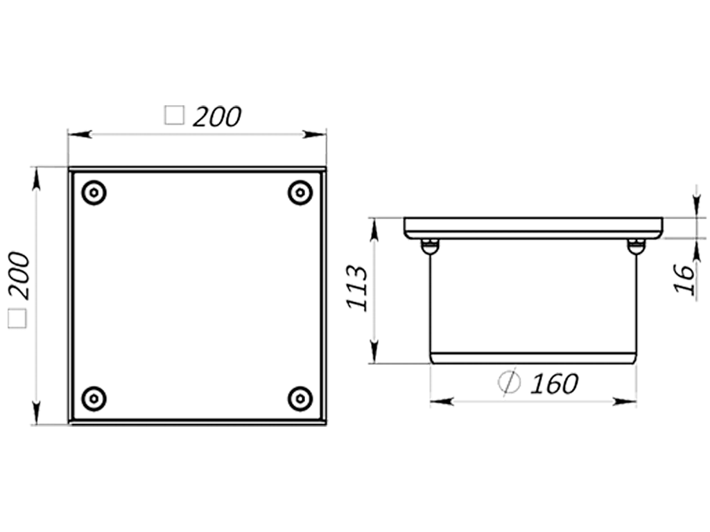 Ревизия из нержавеющей стали 200x200 с вертикальным выходом D160мм, класс нагрузки M125 согласно EN 1253