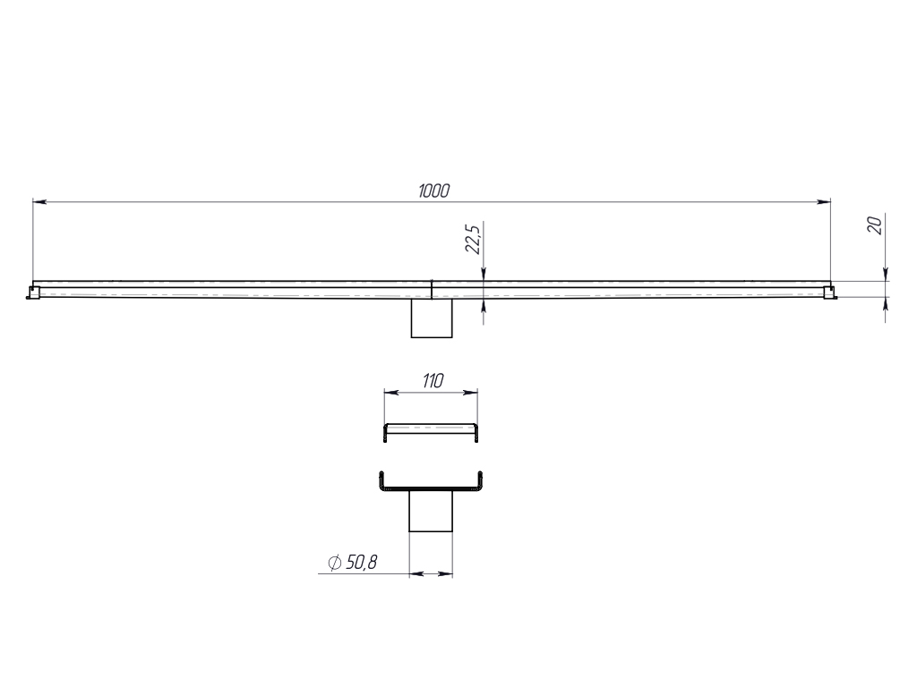 Водоотводный лоток Balcony с перфорированной решеткой из нержавеющей стали L=1000 мм, с уклоном и сливом по центру Д=50 мм (1000x120x20-22,5мм)