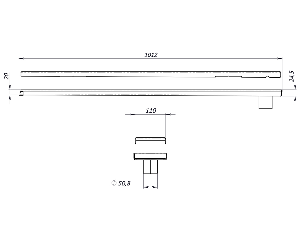 Водоотводный лоток Balcony с перфорированной решеткой из нержавеющей стали L=1000 мм, с уклоном и сливом в конце Д=50 мм (1000x120x20-24,5мм)