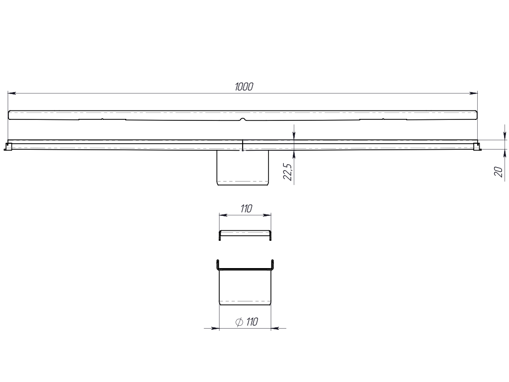 Водоотводный лоток Balcony с перфорированной решеткой из нержавеющей стали L=1000 мм, с уклоном и сливом по центру Д=110 мм (1000x120x20-22,5мм)