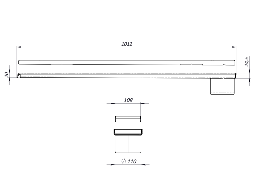Водоотводный лоток Balcony с перфорированной решеткой из нержавеющей стали L=1000 мм, с уклоном и сливом в конце Д=110 мм (1000x120x20-24,5мм)