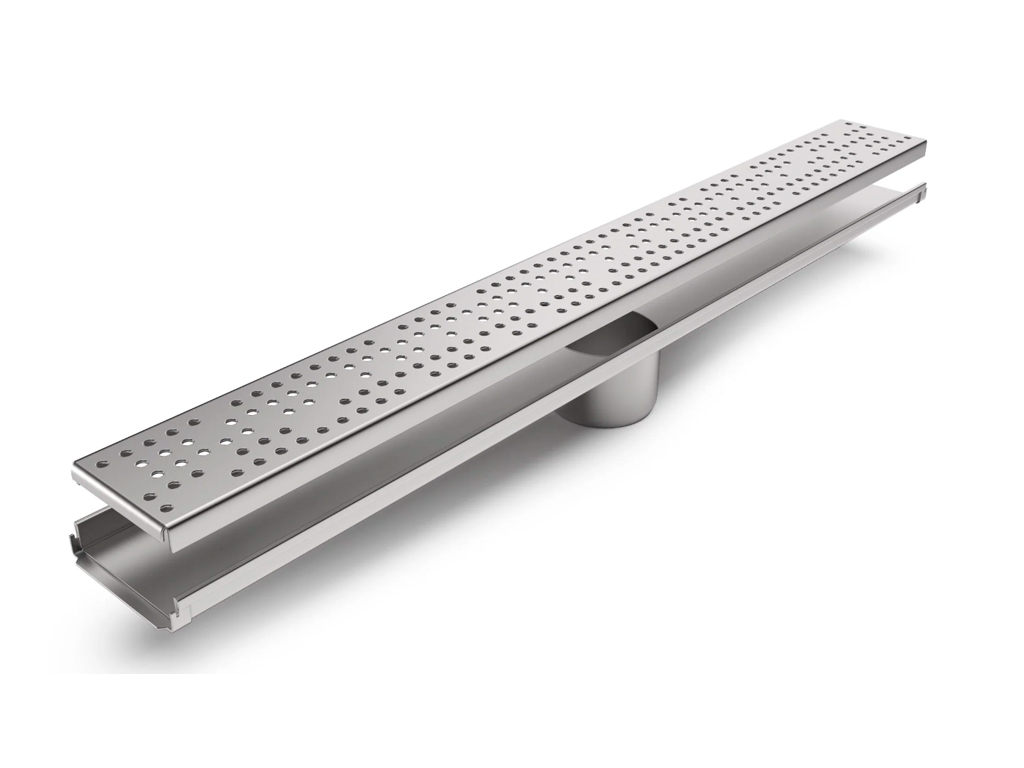Водоотводный лоток Balcony с перфорированной решеткой из нержавеющей стали L=1000 мм, с уклоном и сливом по центру Д=75 мм (1000x120x20-22,5мм)