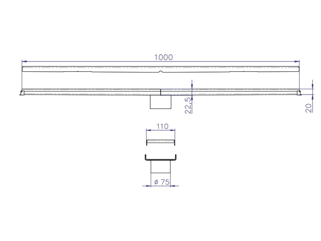 Водоотводный лоток Balcony с перфорированной решеткой из нержавеющей стали L=1000 мм, с уклоном и сливом по центру Д=75 мм (1000x120x20-22,5мм)