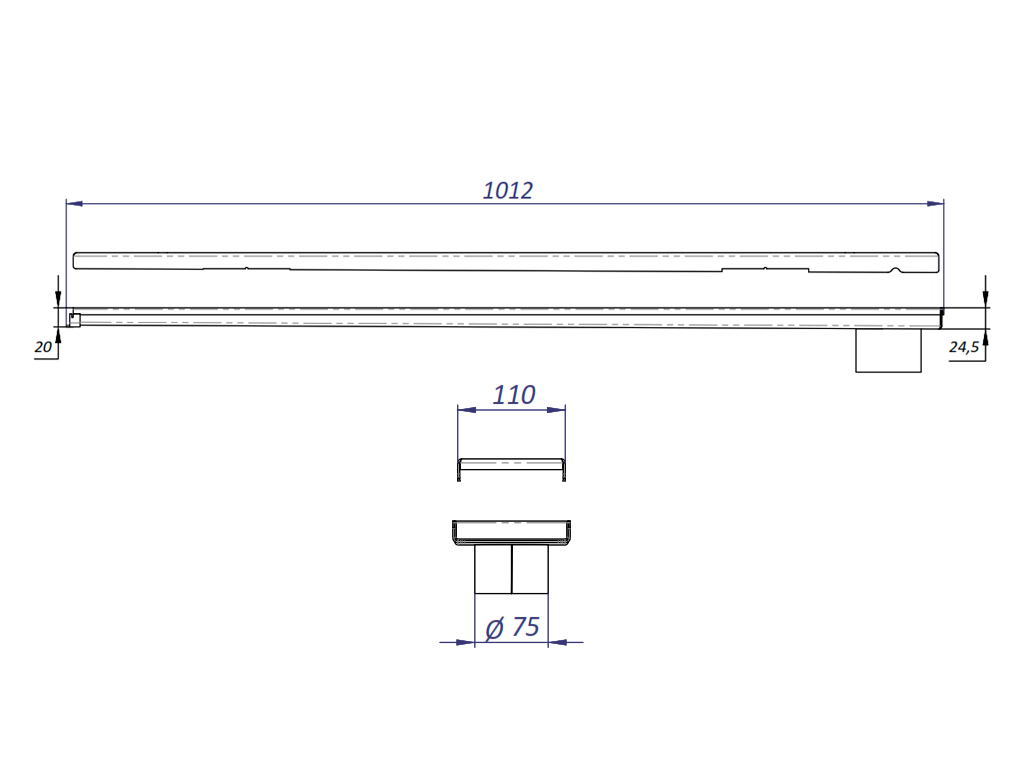 Водоотводный лоток Balcony с перфорированной решеткой из нержавеющей стали L=1000 мм, с уклоном и сливом в конце Д=75 мм (1000x120x20-24,5мм)