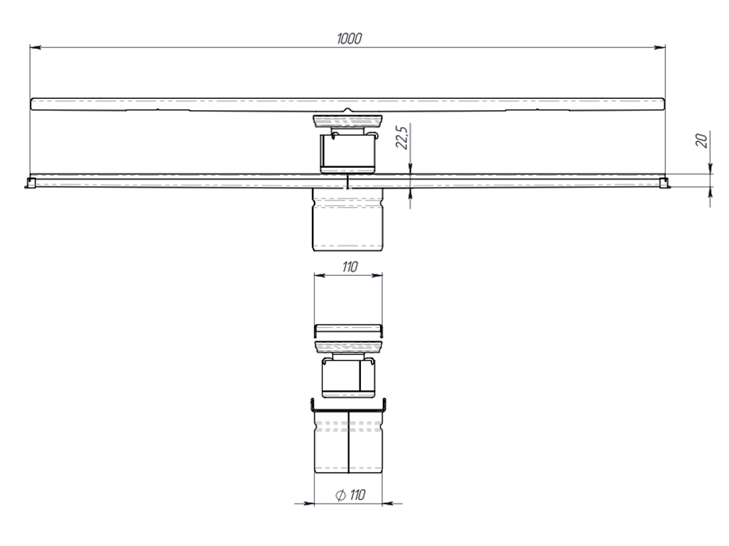 Водоотводный лоток Balcony с перфорированной решеткой из нержавеющей стали L=1000 мм, с уклоном, гидрозатвором и сливом по центру Д=110 мм (1000x120x20-22,5мм)