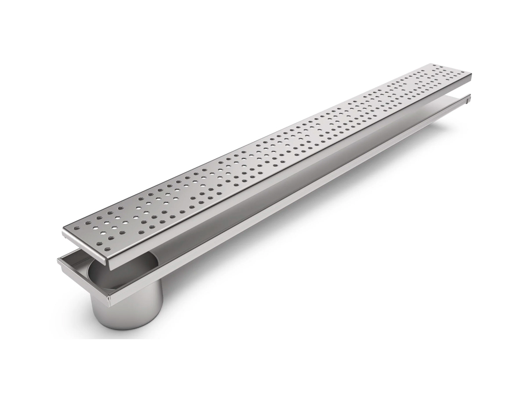 Водоотводный лоток Balcony с перфорированной решеткой из нержавеющей стали L=1000 мм, с уклоном, гидрозатвором и сливом в конце Д=110 мм (1000x120x20-24,5мм)