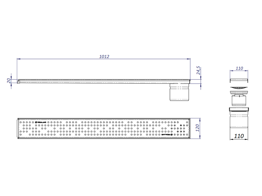 Водоотводный лоток Balcony с перфорированной решеткой из нержавеющей стали L=1000 мм, с уклоном, гидрозатвором и сливом в конце Д=110 мм (1000x120x20-24,5мм)