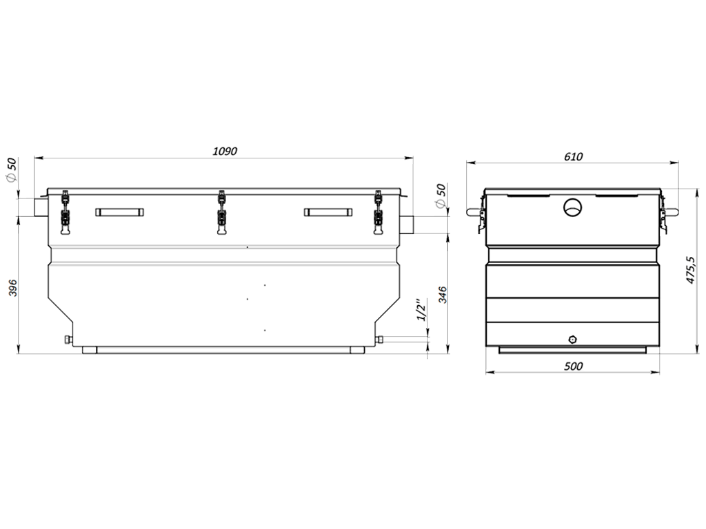 Separator de grăsimi din INOX, cu montare sub chiuvetă, debitul Q=0,7 l/sec (L=1090mmxl=610xH=475mm)