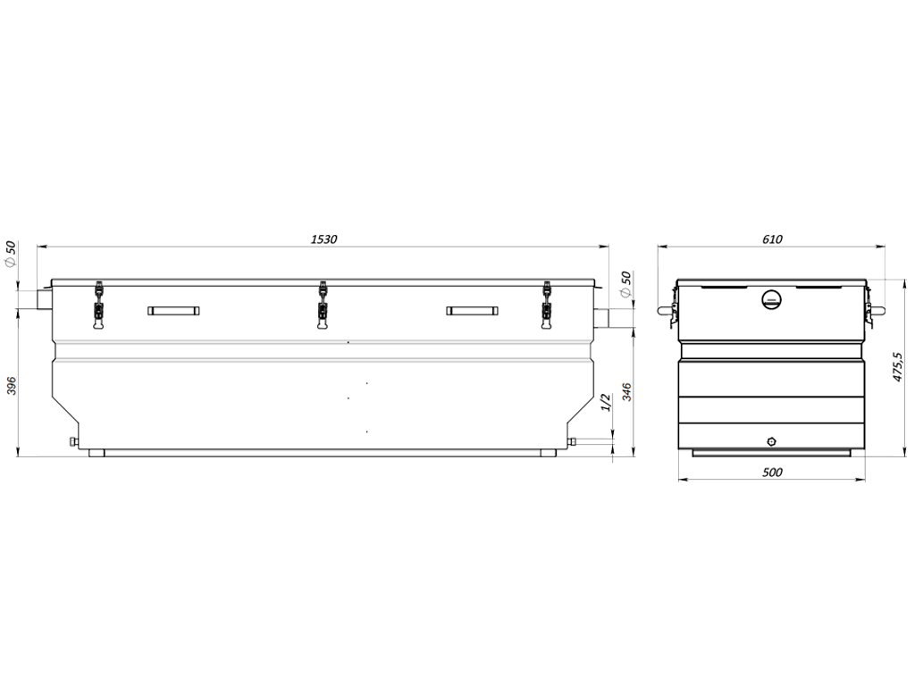 Separator de grăsimi din INOX, cu montare sub chiuvetă, debitul debitul Q=0,9 l/sec (L=1530mmxl=610xH=475mm)