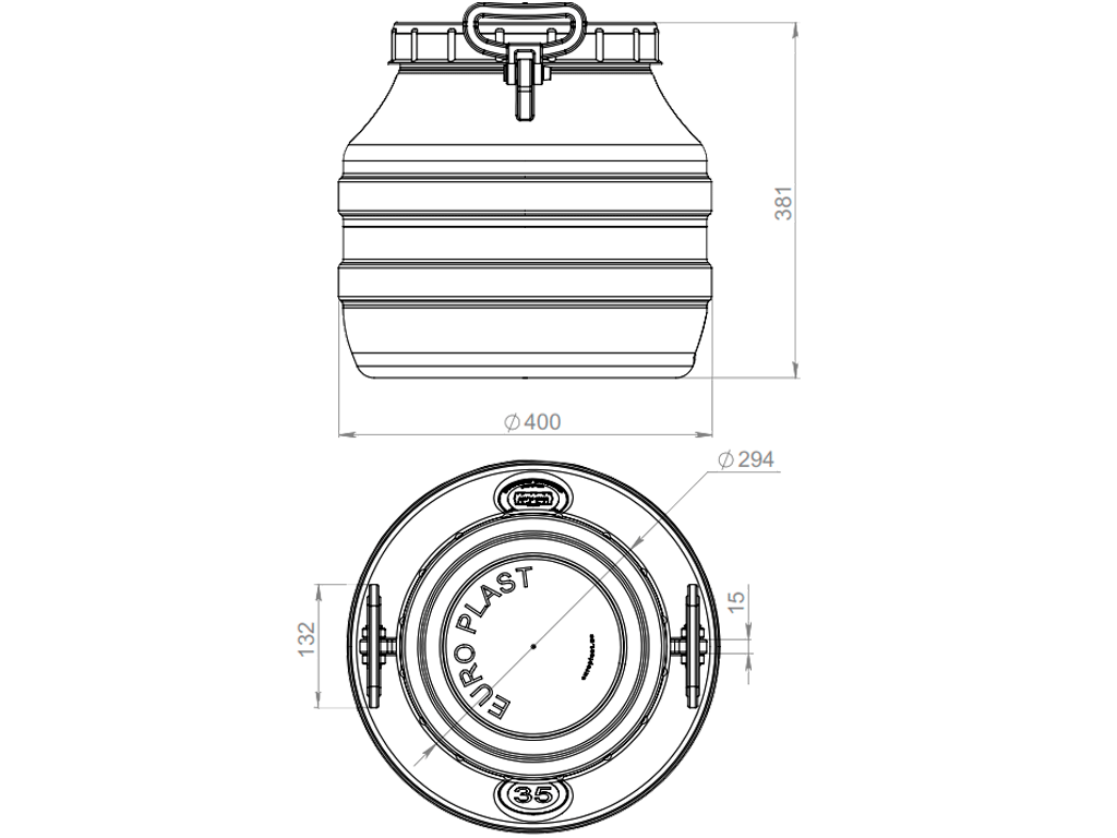 Bidon 35 litri dotat cu capac din plastic pentru produse alimentare (Dbaza=400mm, H=380mm)