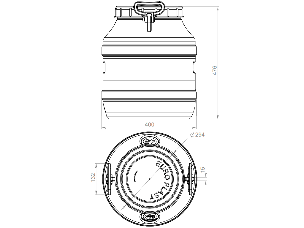 Bidon 45 litri dotat cu capac din plastic pentru produse alimentare (Dbaza=400mm, H=480mm)