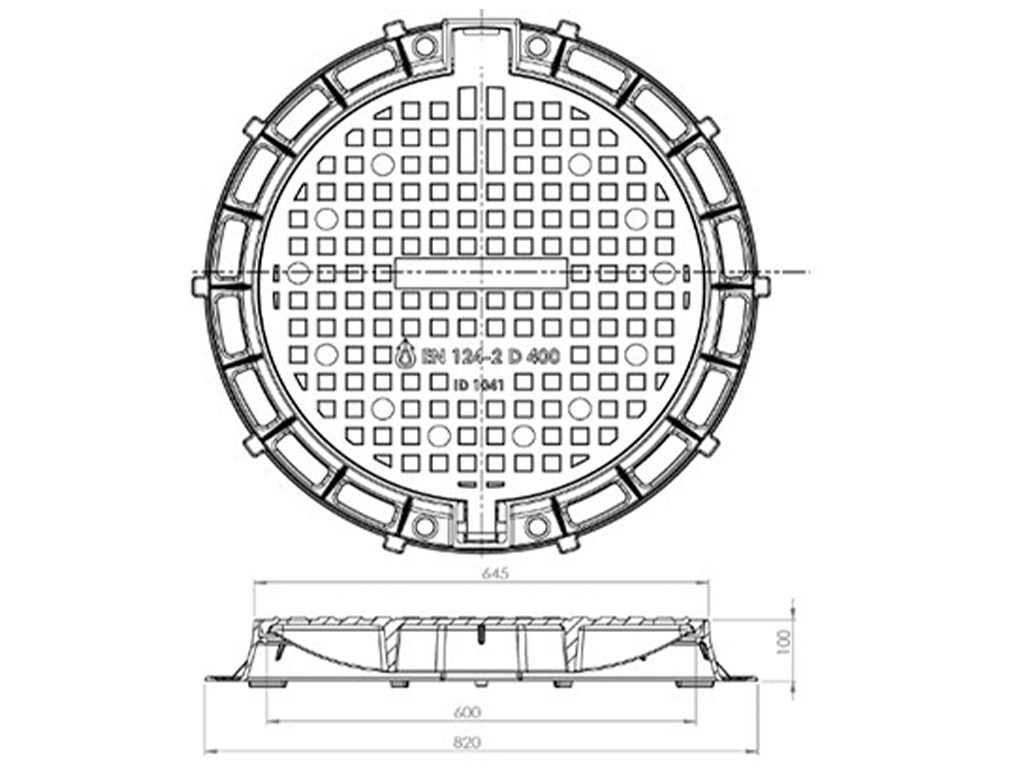 Capac pluvial din fontă ductilă rotund (ventilat (6 gauri)) Dext=775mm, pas liber=600mm, H=100mm clasa de sarcini D400