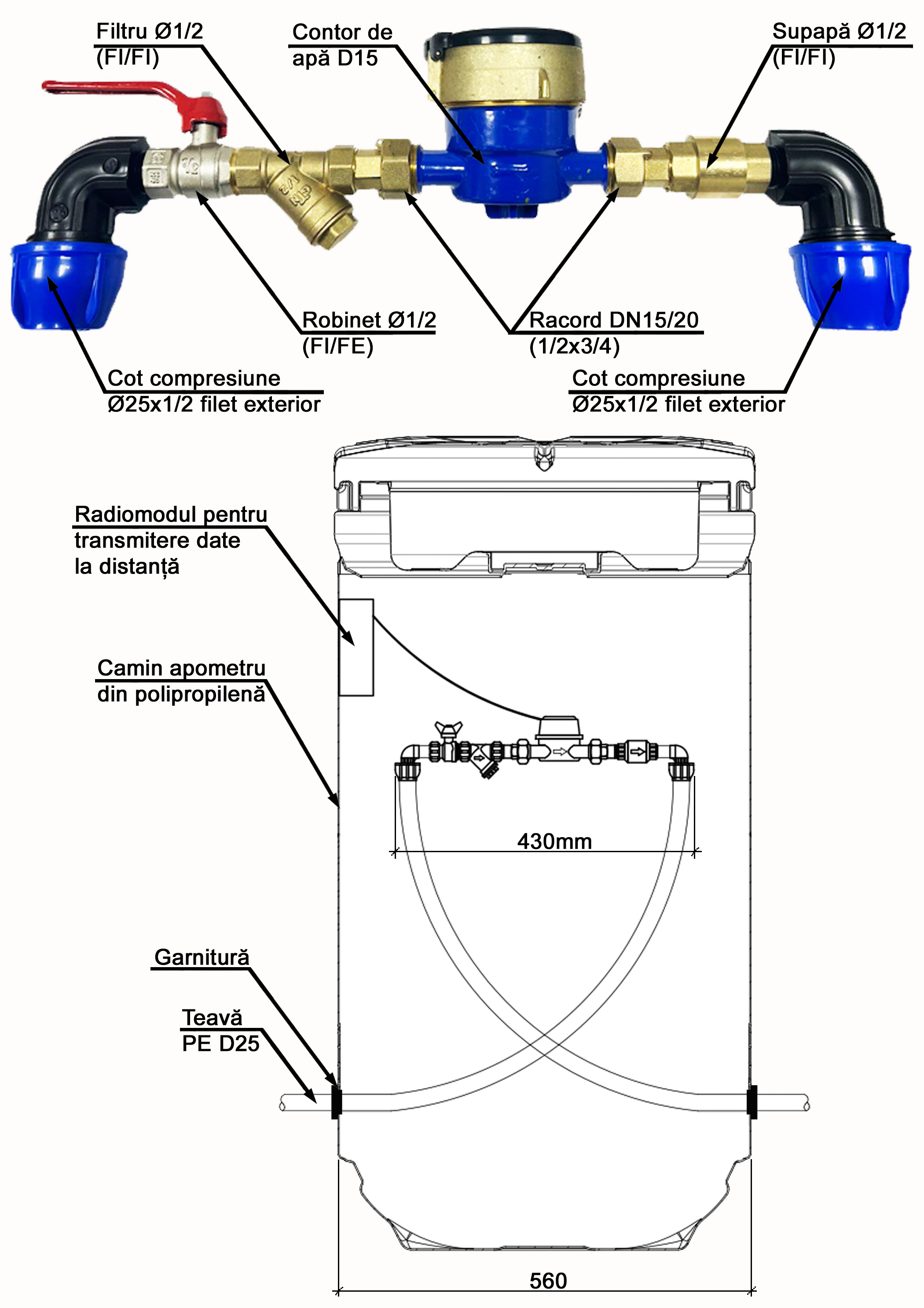 KIT Ansamblu pentru camin apometru cu pozarea de sus in camin (2 coturi, 1 robinet, 1 filtru, 1 contor DS-SRP DN15, 2 racorduri contor, 1 supapa)