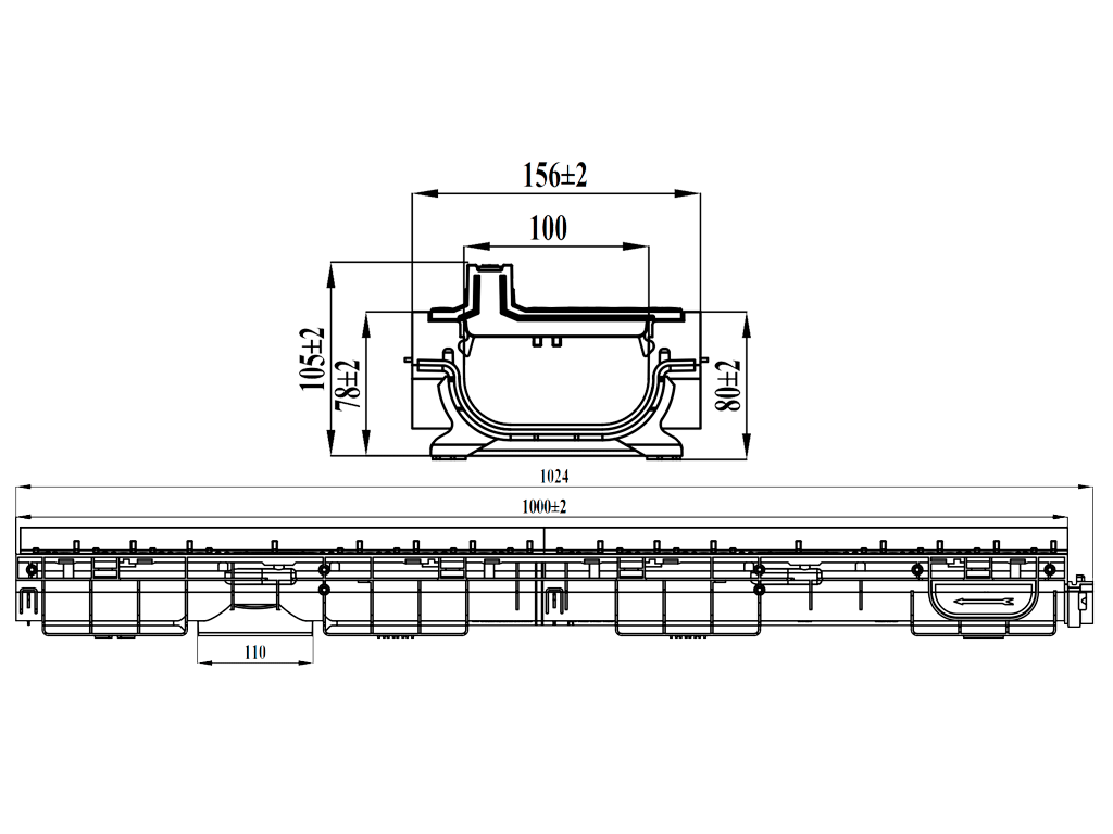 Rigola Base DN100 H105 dotata cu gratar tip fantă longitudinala din polipropilena (1000x156x105mm), clasa de sarcini A15