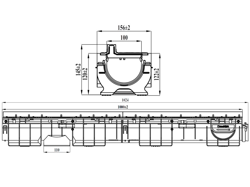 Rigola Base DN100 H145 dotata cu gratar tip fantă longitudinala din polipropilena (1000x156x145mm), clasa de sarcini A15