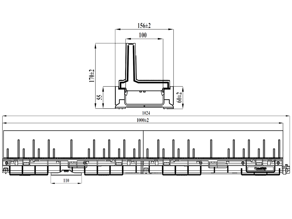Rigola Base DN100 H170 dotata cu gratar tip fantă longitudinala din polipropilena (1000x156x170mm), clasa de sarcini A15-C250