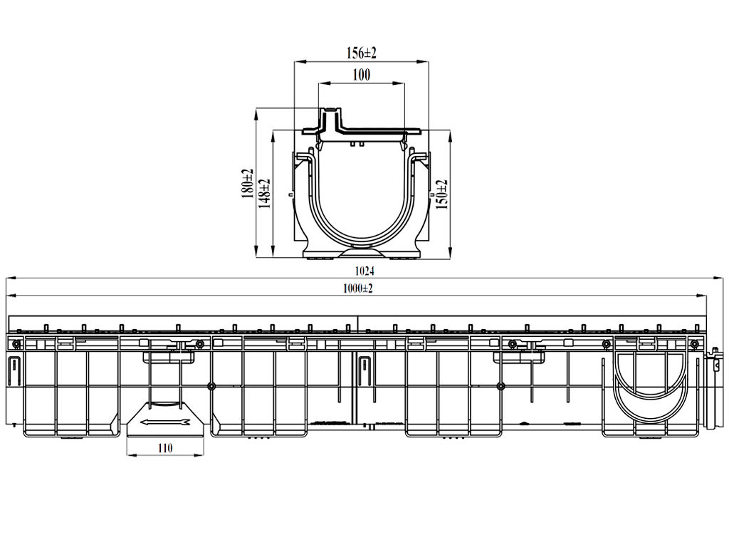 Лоток водоотводный Base DN100 H180 с пластиковой щелевой решеткой (1000x156x180), класс A15