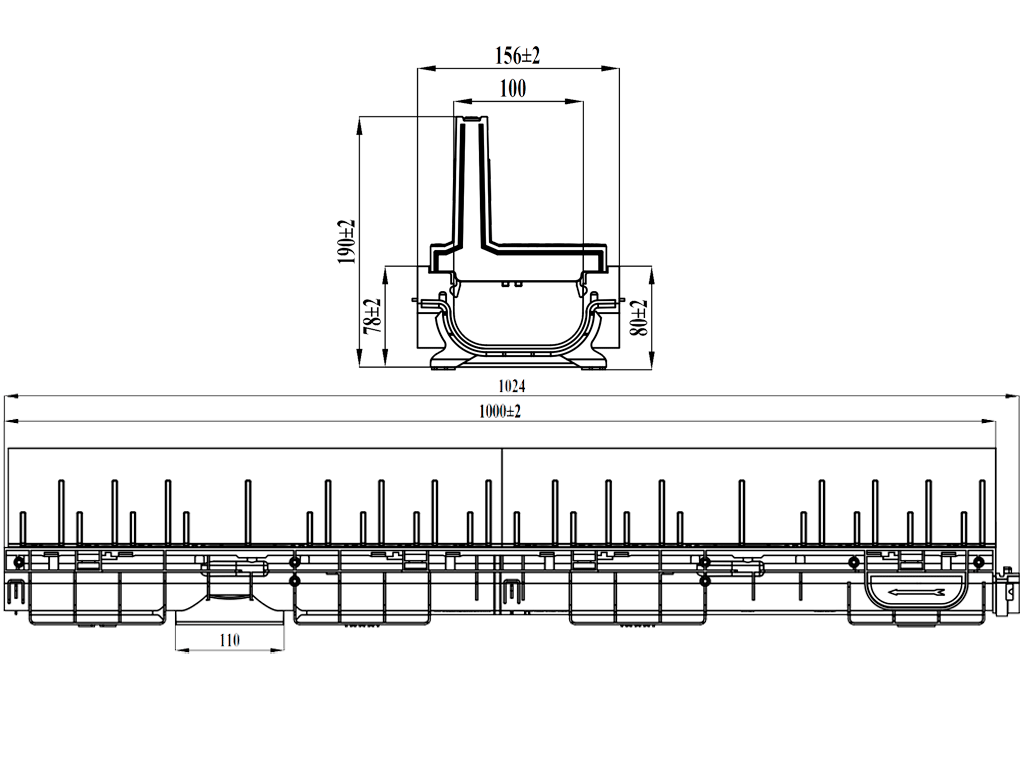 Rigola Base DN100 H190 dotata cu gratar tip fantă longitudinala din polipropilena (1000x156x190mm), clasa de sarcini A15-C250
